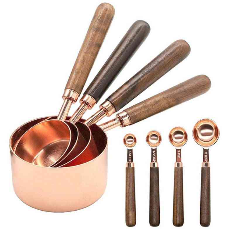 Stainless Steel Rose / Gold Measuring Cups And Measuring Spoon - Scoop Set With Wooden Handle