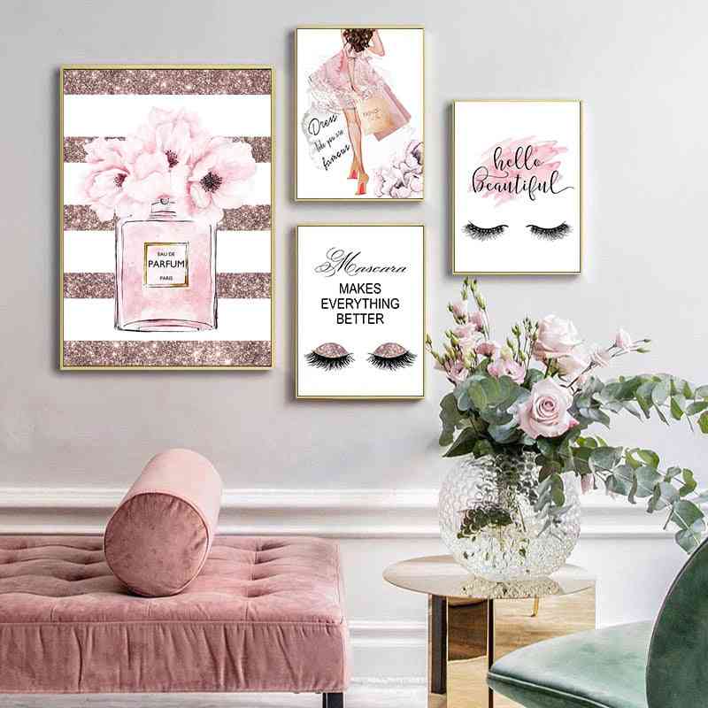 Canvas Art Poster With Pink Flower, Perfume Fashion - Wall Picture Modern Girl Room