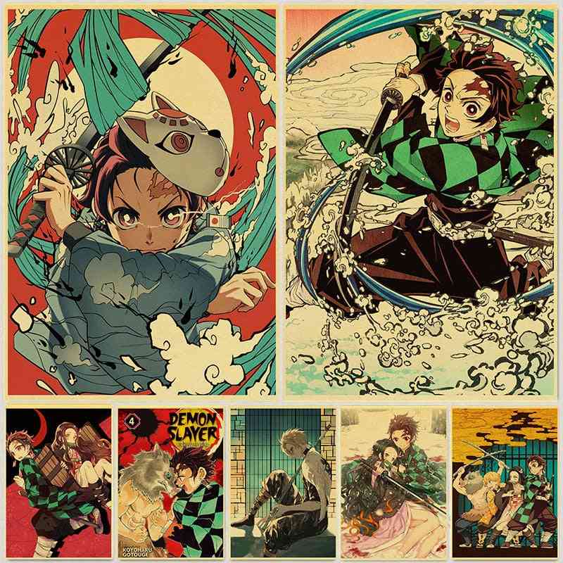 Demon Slayer: Kimetsu No Yaiba Tanjirou Nezuko Anime Poster Kraft Paper Vintage Posters Home Room Art Wall Stickers