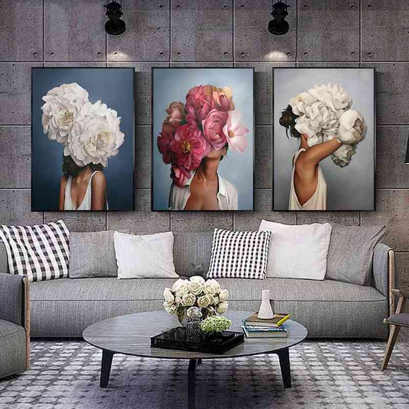 Flowers, Feathers, Woman Abstract - Canvas Painting Wall Art