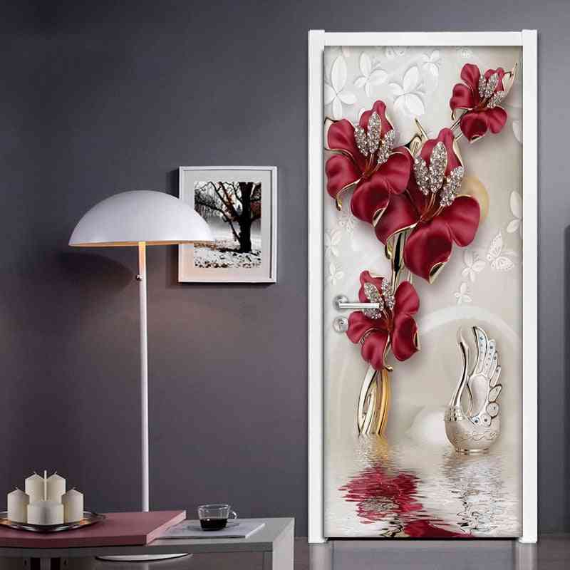 Czerwony kwiat motyl biżuteria 3d naklejki na drzwi - wystrój domu nowoczesny salon sypialnia drzwi naklejka dekoracyjna fototapeta tapeta - 77x200cm