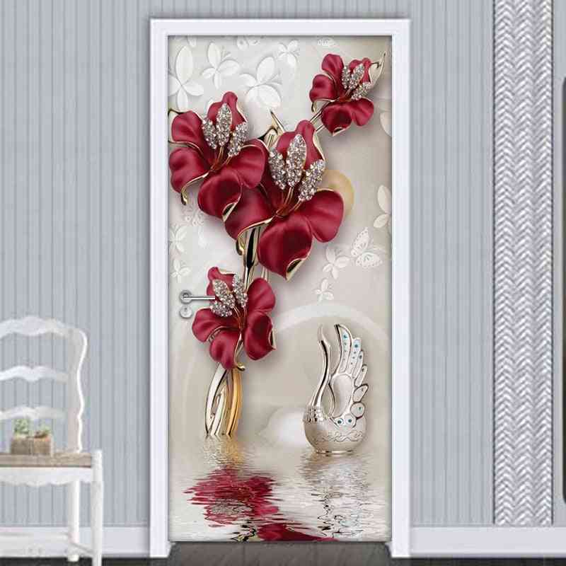 Punainen kukka, perhoskorut 3d - moderni olohuone, makuuhuoneen sisustustarra - 77x200cm