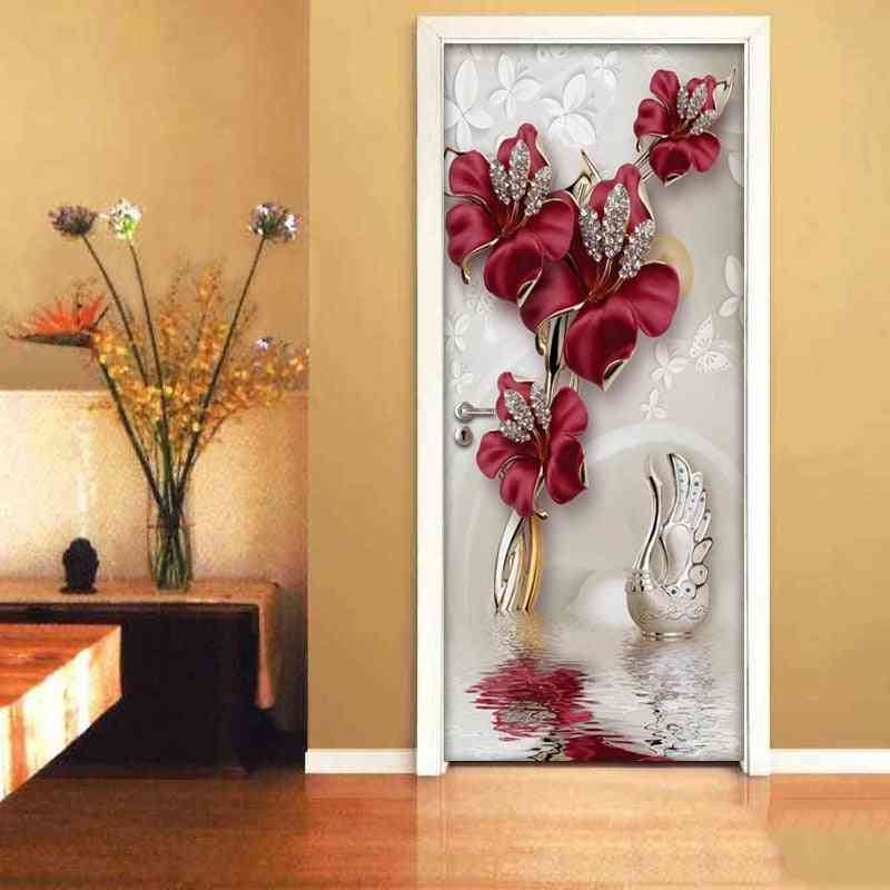 Czerwony kwiat motyl biżuteria 3d naklejki na drzwi - wystrój domu nowoczesny salon sypialnia drzwi naklejka dekoracyjna fototapeta tapeta - 77x200cm