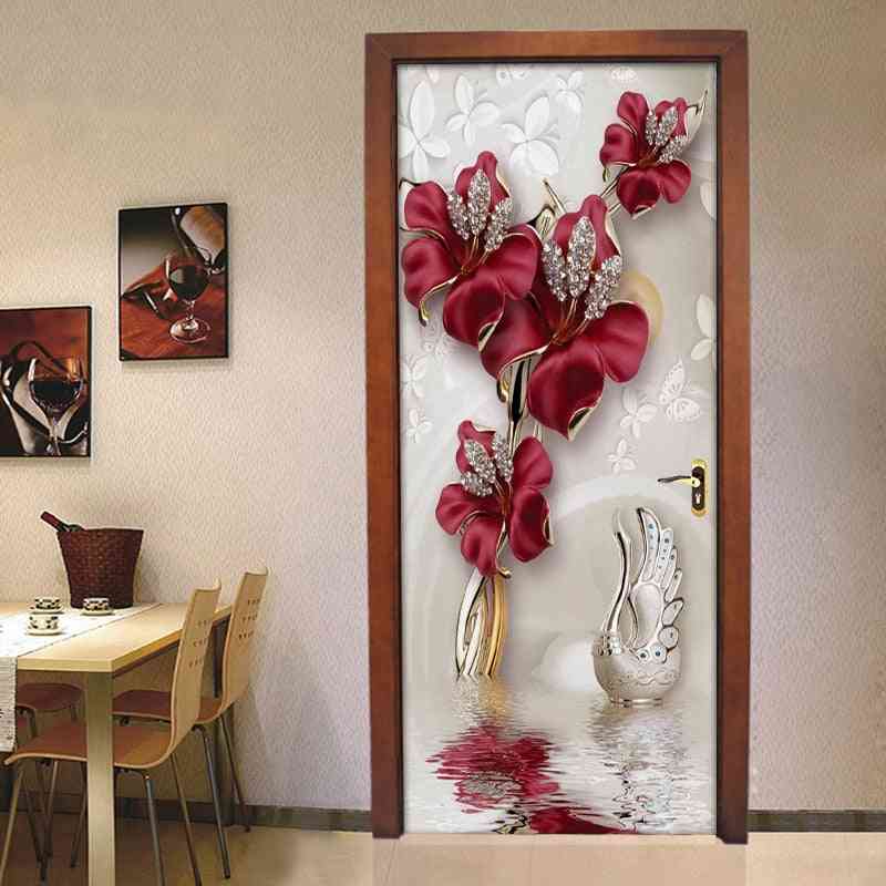 Rote Blume Schmetterling Schmuck 3d Tür Aufkleber - Wohnkultur moderne Wohnzimmer Schlafzimmer Tür Dekoration Aufkleber Wandbild Tapete