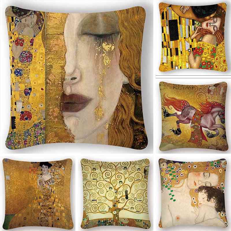 Gustav Klimt Oil Painting Cushion Cover - Vintage Decorative Gold Pattern Print Pillow Case