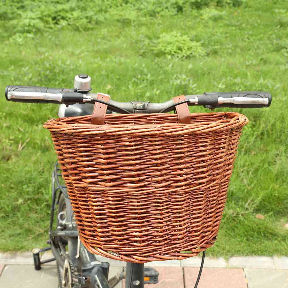 Kerékpáros és kerékpáros elülső tároló kosár bőr övvel - kézzel készített természetes rattan, rakománytartály