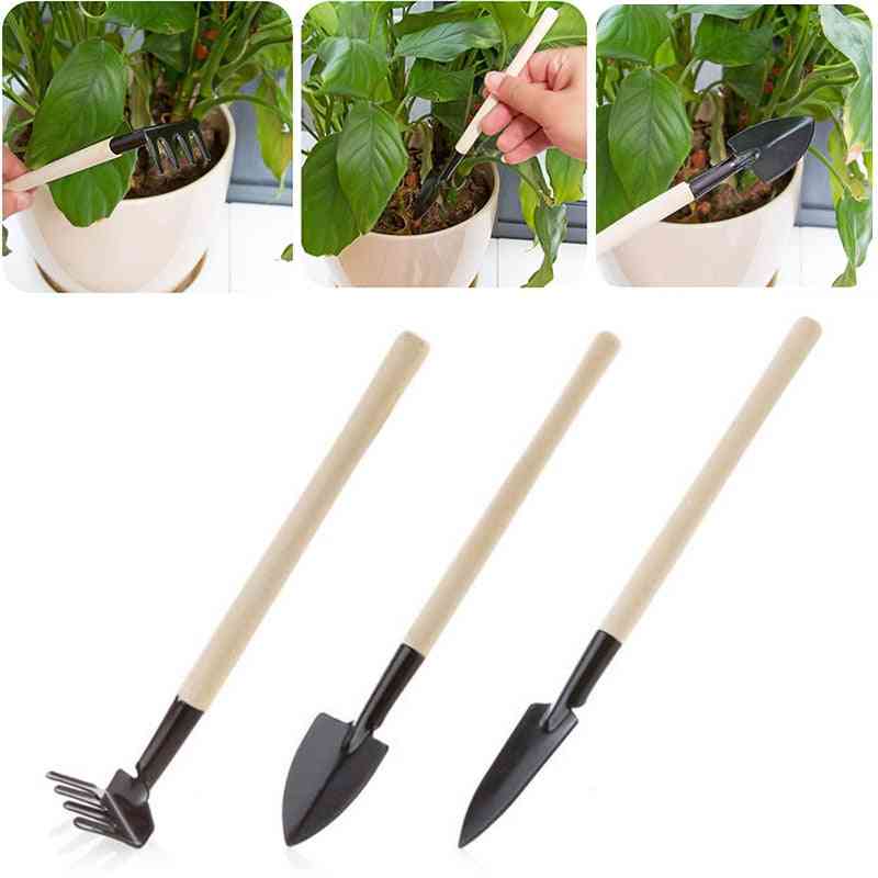 3pcs / set mango de madera acero inoxidable, plantas en maceta pala rastrillo pala herramienta de jardinería