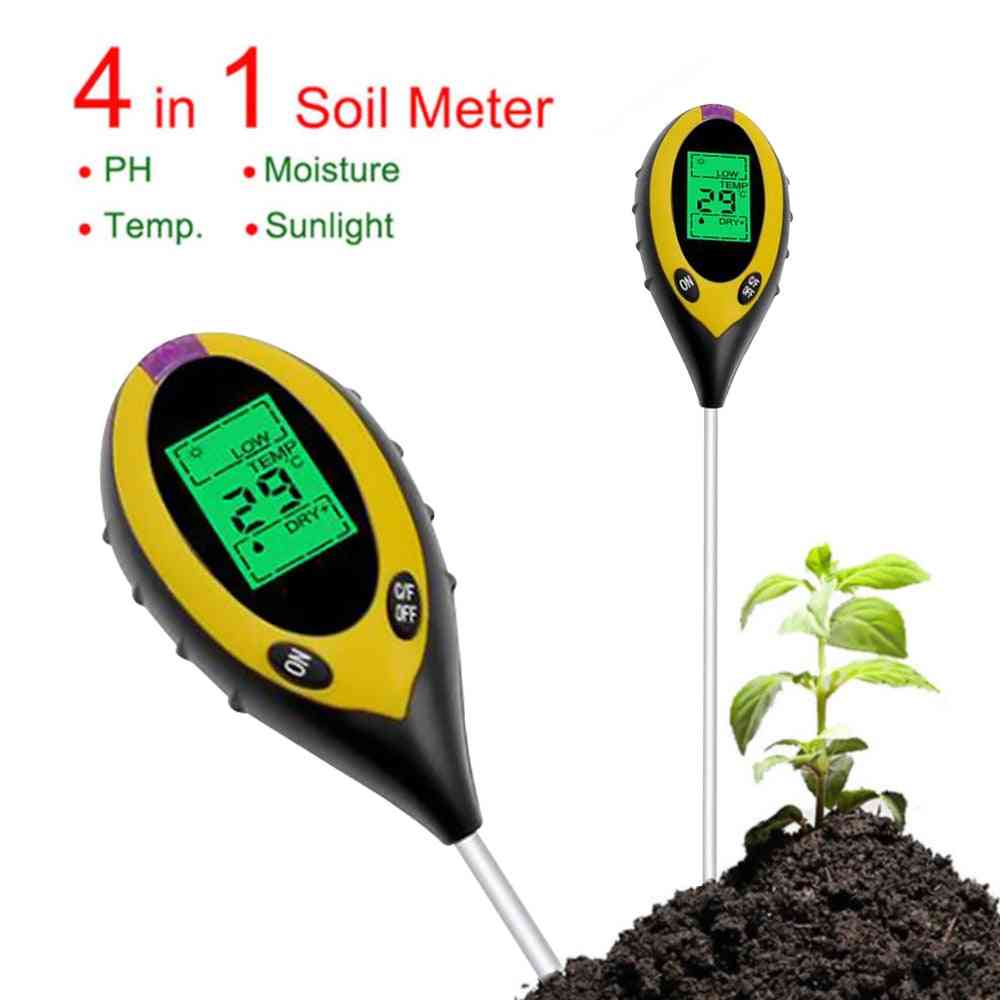 4 in 1 digitaalinen ph-mittari - maaperän kosteusmittari, lämpötilan auringonvalon testeri puutarhakasveille - keltainen