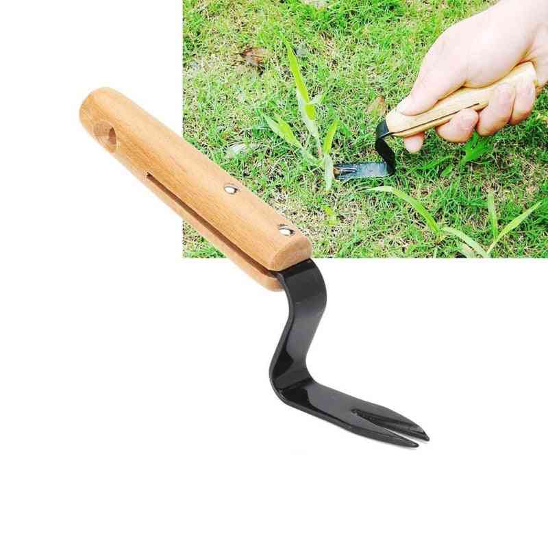 Extrator de ervas daninhas com cabeça bifurcada, pá com cabo de madeira de aço carbono para pátio - ferramentas de aparar pátio de jardim