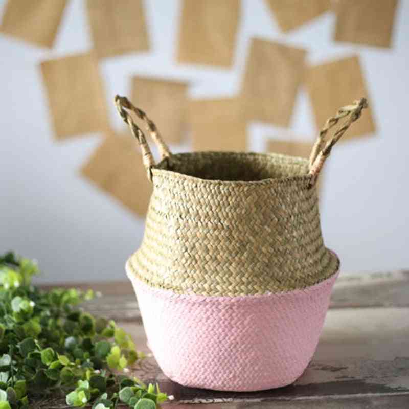 Foldable Laundry Straw Patchwork Wicker, Rattan Sea Grass Belly Garden Flower Pot Planter Bamboo Storage Baskets