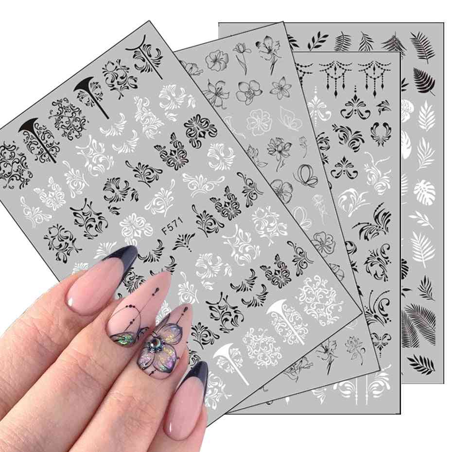 Dekorationer för nagelkonst 3d med svartvita brevklistermärken för naglar - linjär design med blommablad