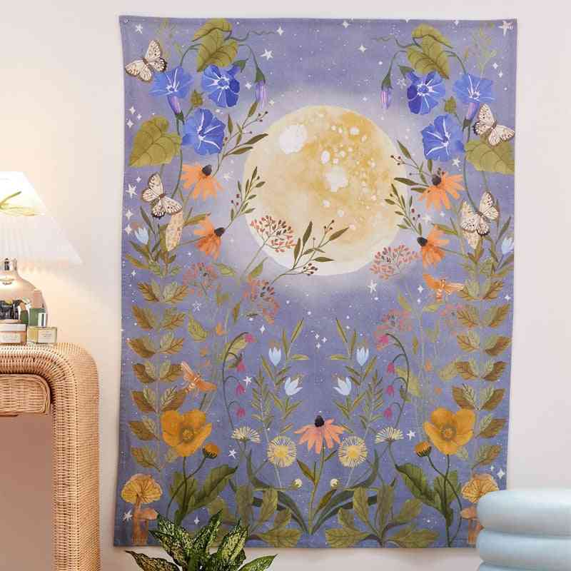 Psykedelisk konst måne stjärnklar blomma landskap vägghängande gobeläng - 1 / 95x73cm