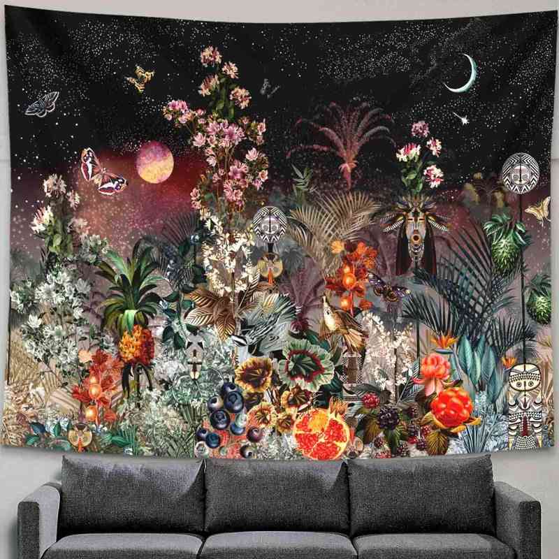 Tapisserie murale décorée de fleurs étoilées art psychédélique lune - 1 / 95x73cm