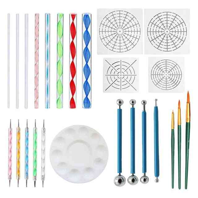 25pcs комплект инструменти за мандала - точки, химикалки, четка, акрилни пръчки с бял молив, чанта за рисуване на скали