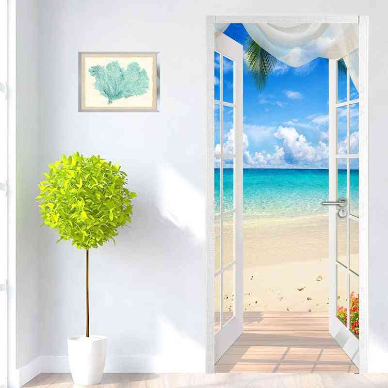 Window Sandy Beach Seascape - 3d Photo Pvc Self Adhesive Door Sticker / Wallpaper