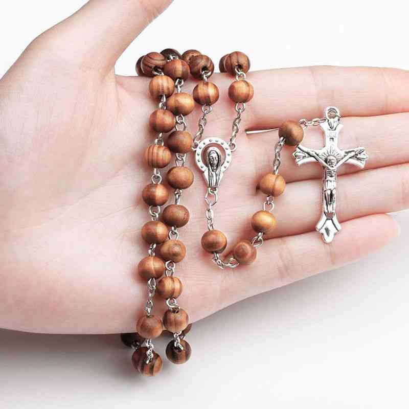 Handmade Round Bead Catholic Rosary Cross Religious Wood Beads Necklace