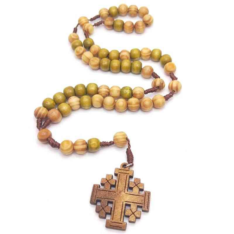 Jesus Wooden Prayer Beads 10mm Rosary Cross Woven Rope Necklace Pendant