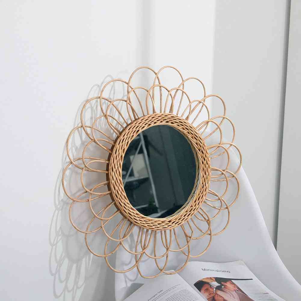 Kompaktno prozorno okroglo, varčno stensko ogledalo iz ratana - prenosno notranje umetniško okrasje