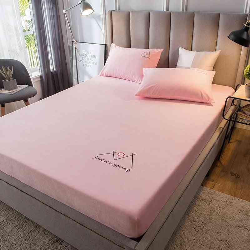 Fleece Bedding Linen Letter Embroidery Solid Color Fitted Mattress Cover And Pillowcase
