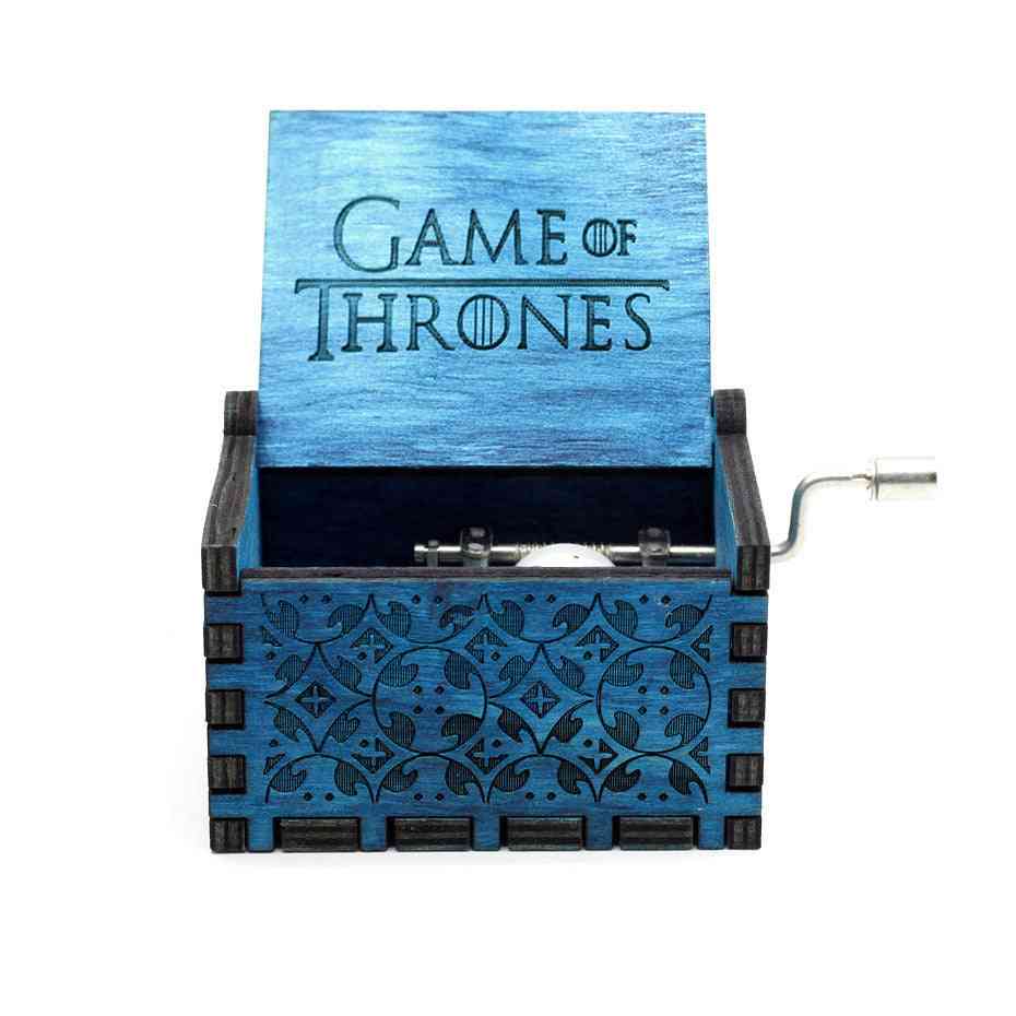 Hand Crank Game Of Thrones Mechanism Engraved Blue Wooden Music Box Home Decoration
