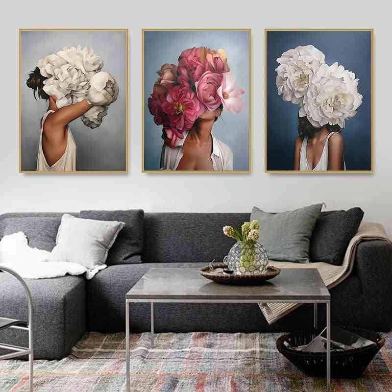 Nordic Modern Floral Feather Woman Abstract Fashion Style Canvas Painting - Home Decor Art Print
