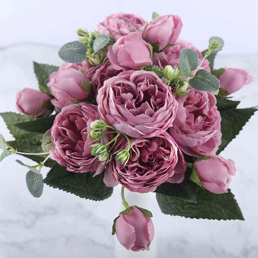 Rose lyserød silke pæon kunstige blomster buket til hjem bryllup dekoration - sort