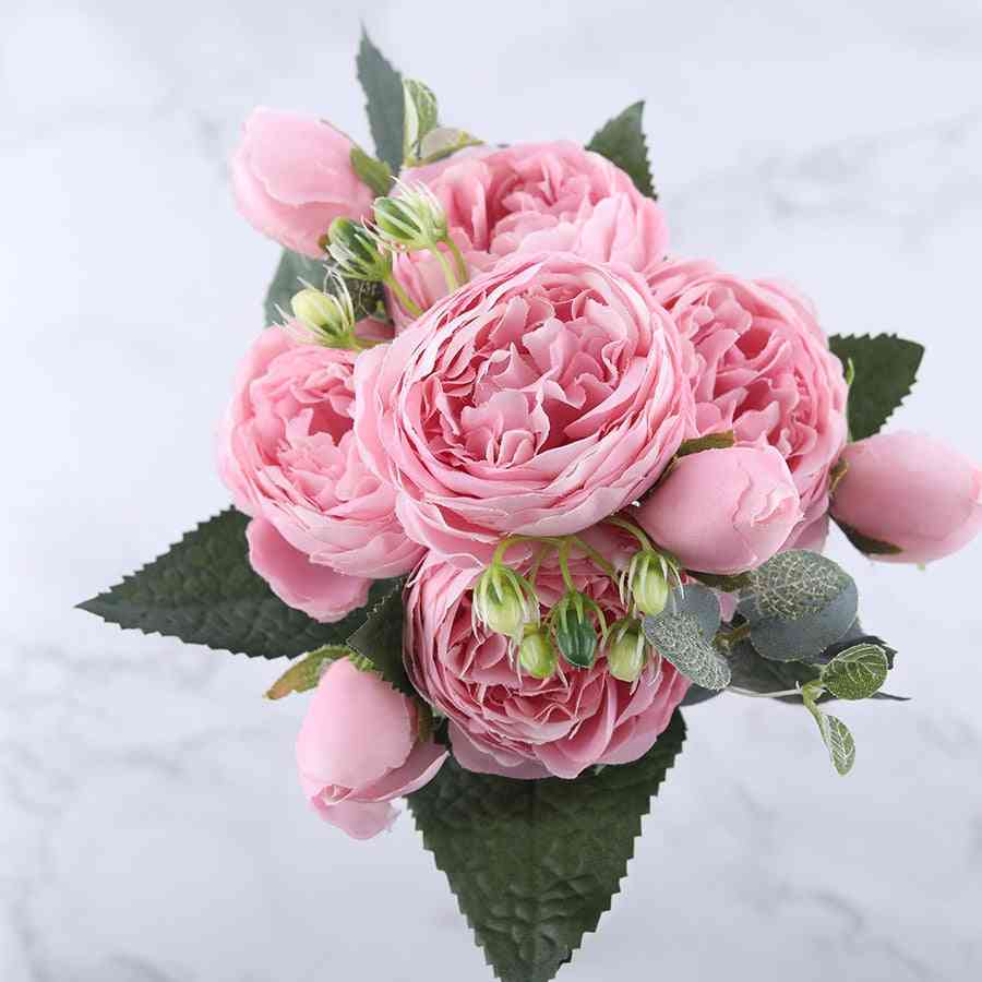 Rosrosa sidenpion konstgjorda blommor bukett för hem bröllop dekoration - svart