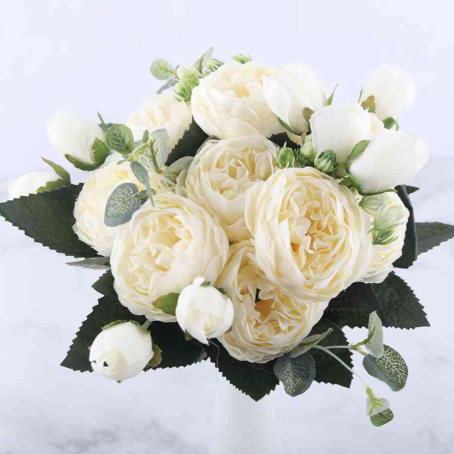 Rose lyserød silke pæon kunstige blomster buket til hjem bryllup dekoration - sort