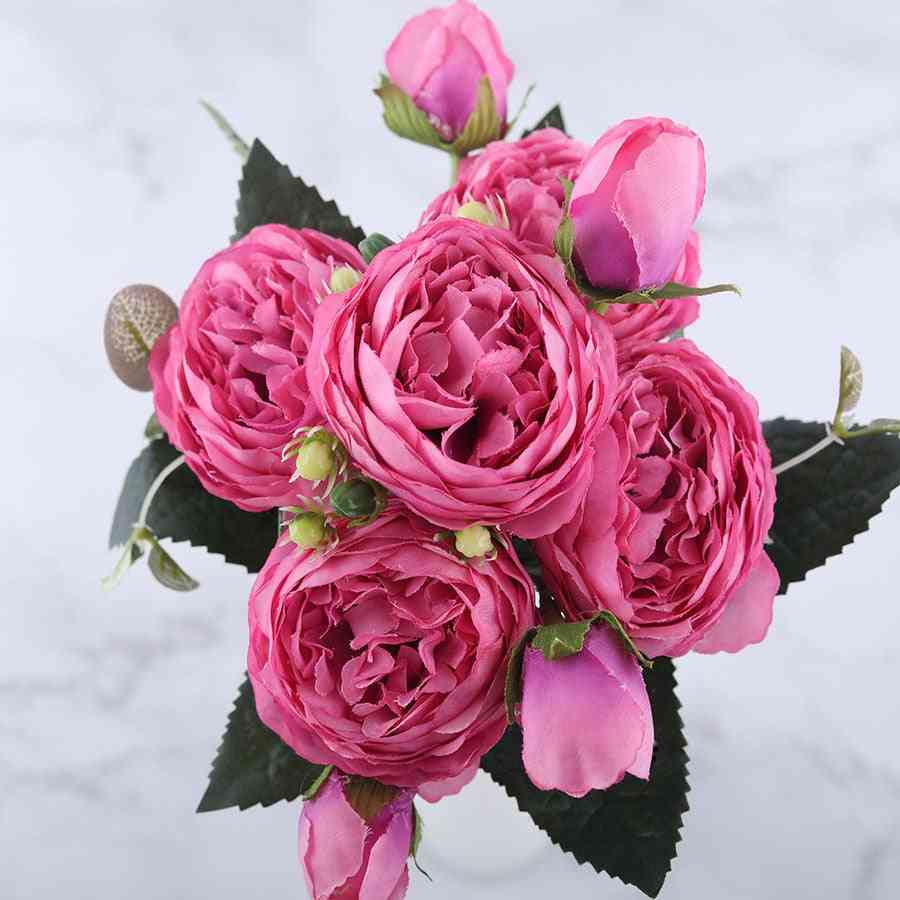 Ramo de flores artificiales de peonía de seda rosa rosa para decoración de bodas en el hogar - negro