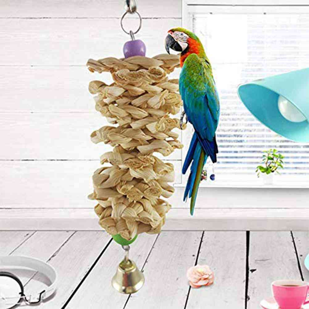 Adding Bird Parrot Toy With Bell Natural Wooden Grass Chewing Bite Hanging Cage Swing Climb Chew