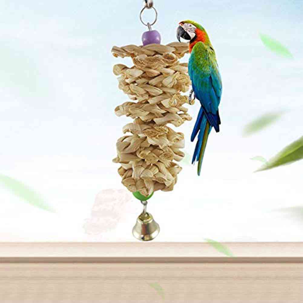Brinquedo papagaio pássaro adeeing com sino grama natural de madeira mordida para mastigar gaiola pendurada balançar brinquedos para mastigar