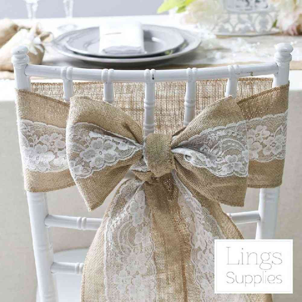 Natural Vintage Burlap Chair, Sashes Lace Jute Chair Tie Bow For Rustic Wedding Decor
