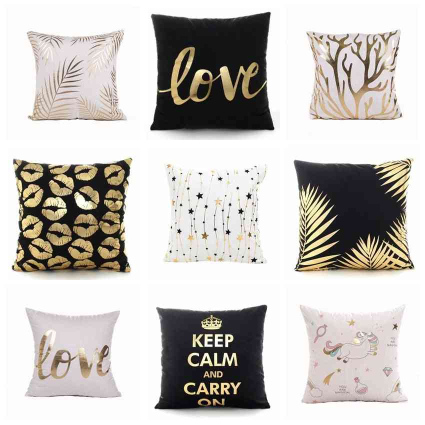 Golden Love Leaves Bronzing Decorative Black And White Velvet Pillowcase