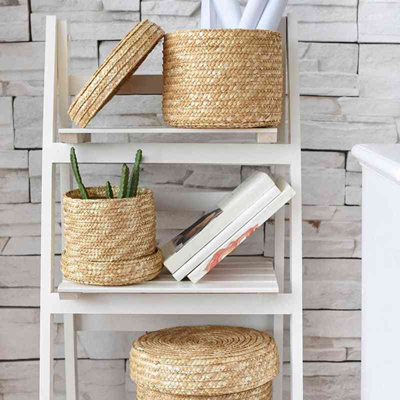 Handmade Straw Woven Storage Basket With Lid - Snack Organizer Storage Box, Rattan Storage Flower Basket
