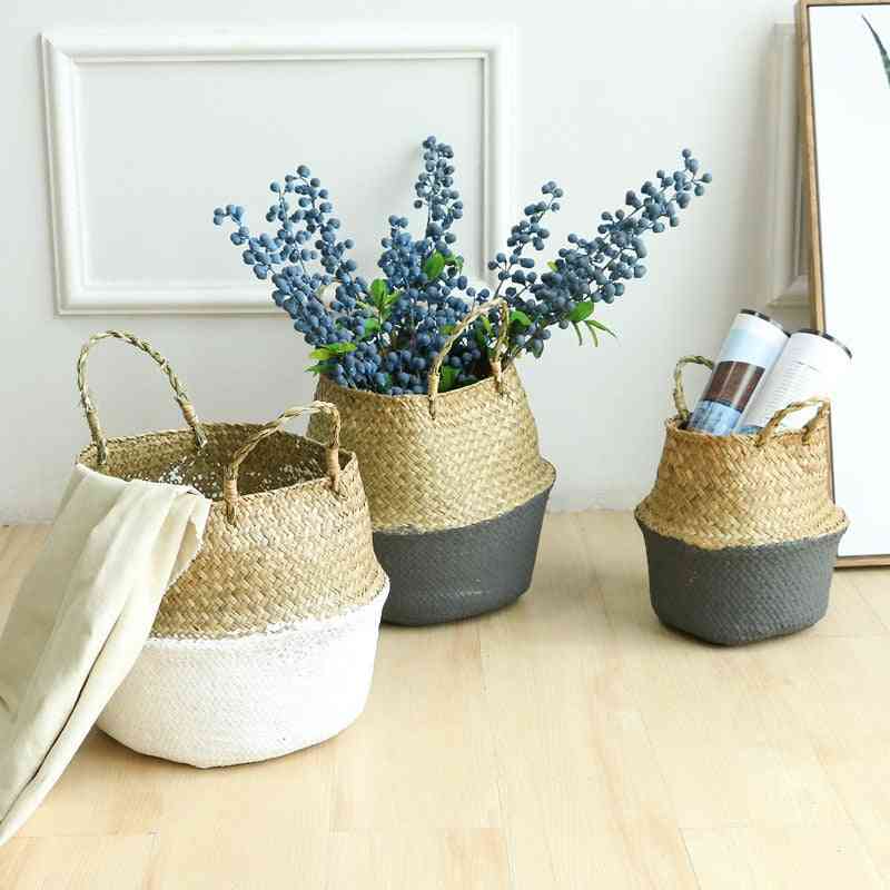 Handmade Bamboo Foldable Hanging Storage Baskets - Straw Patchwork Wicker Rattan Seagrass Belly Garden Flower Pot