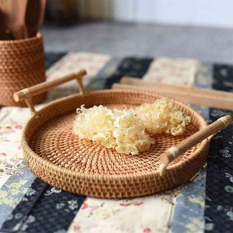Rattan Round Basket With Handle - Bread, Fruit, Food Breakfast Display Hand Woven Rattan Tray Wicker Basket