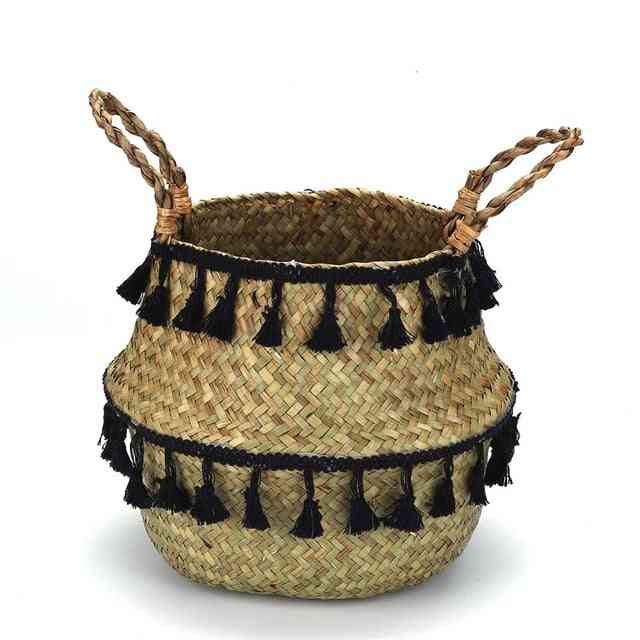Cestos de bambu feitos à mão com desenho de borla - vaso de flores de jardim, recipiente de cesto de roupa suja, suporte de brinquedos