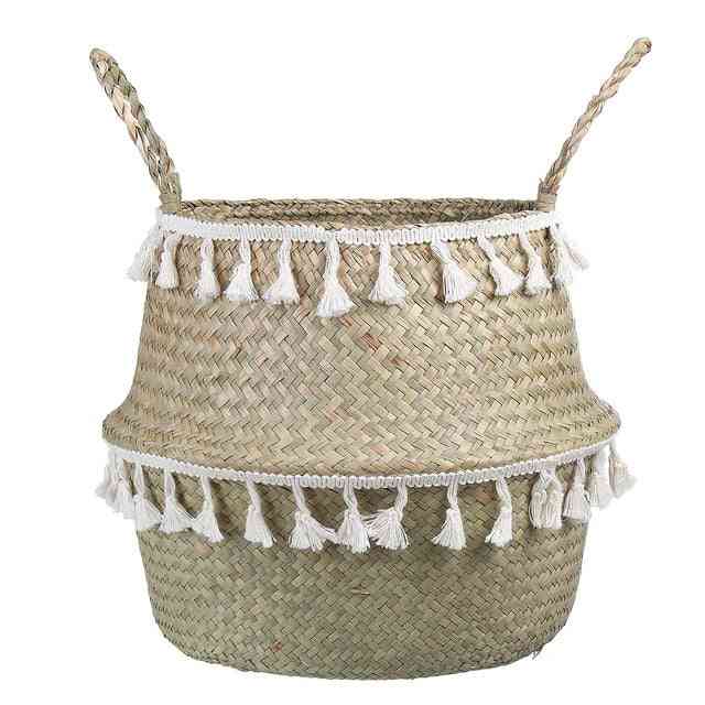 Tassel Design Handmade Bamboo Storage Baskets - Garden Flower Pot, Laundry Basket Container, Toy Holder
