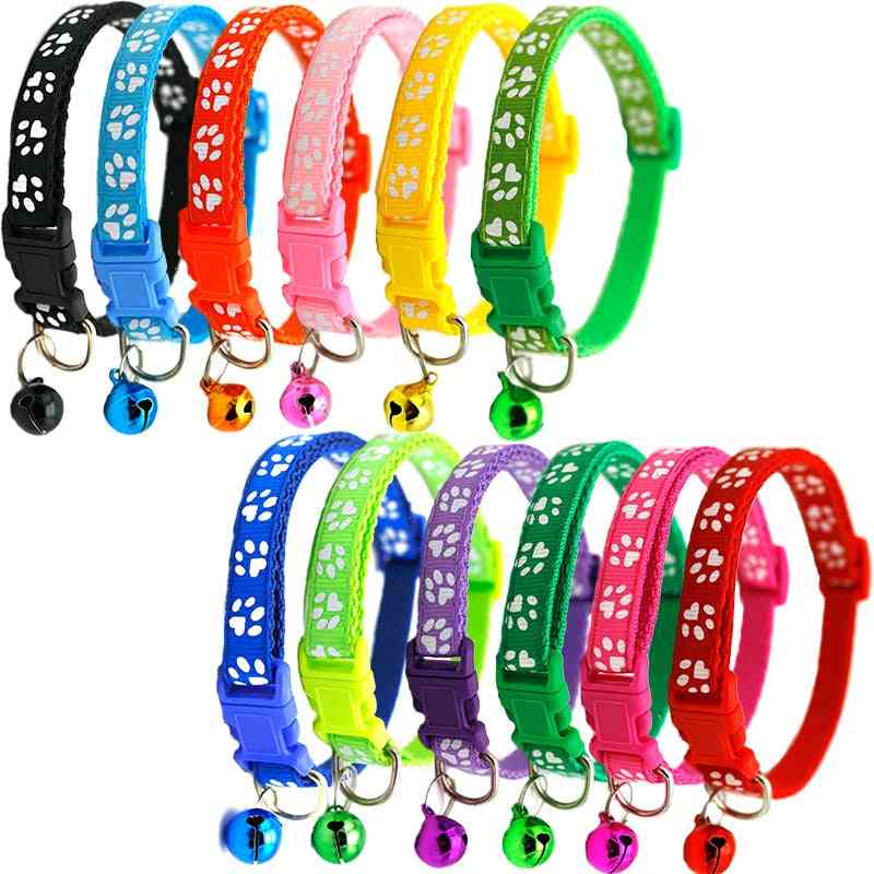 Pet Cat Cute Paw Print Cat Bell Collar Adjustable Nylon Ribbon Collar For Cats Small Dogs Puppy Neck Strap