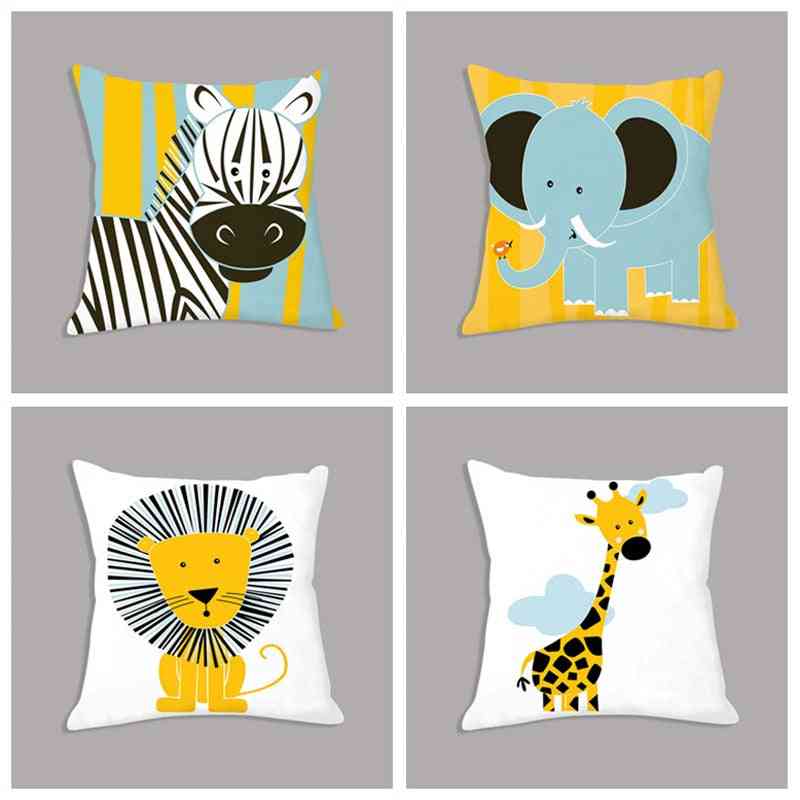Cartoon Giraffe Lion Elephant Animal Printed White Plush Seat Cushion Pillow