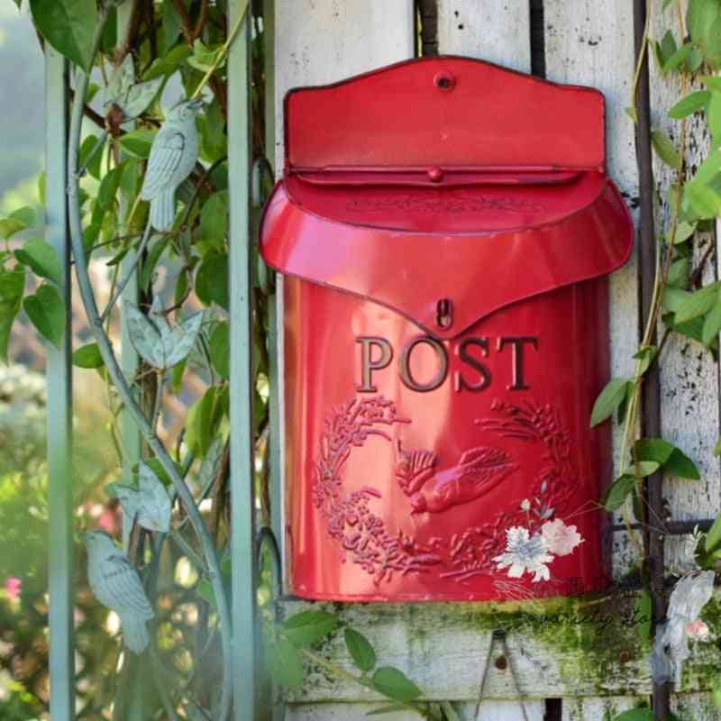 Pastoral And Lockable Secure Iron Post Box - Wall Mounted, Creative, Vintage Handmade Letter, Newspaper, Mailbox