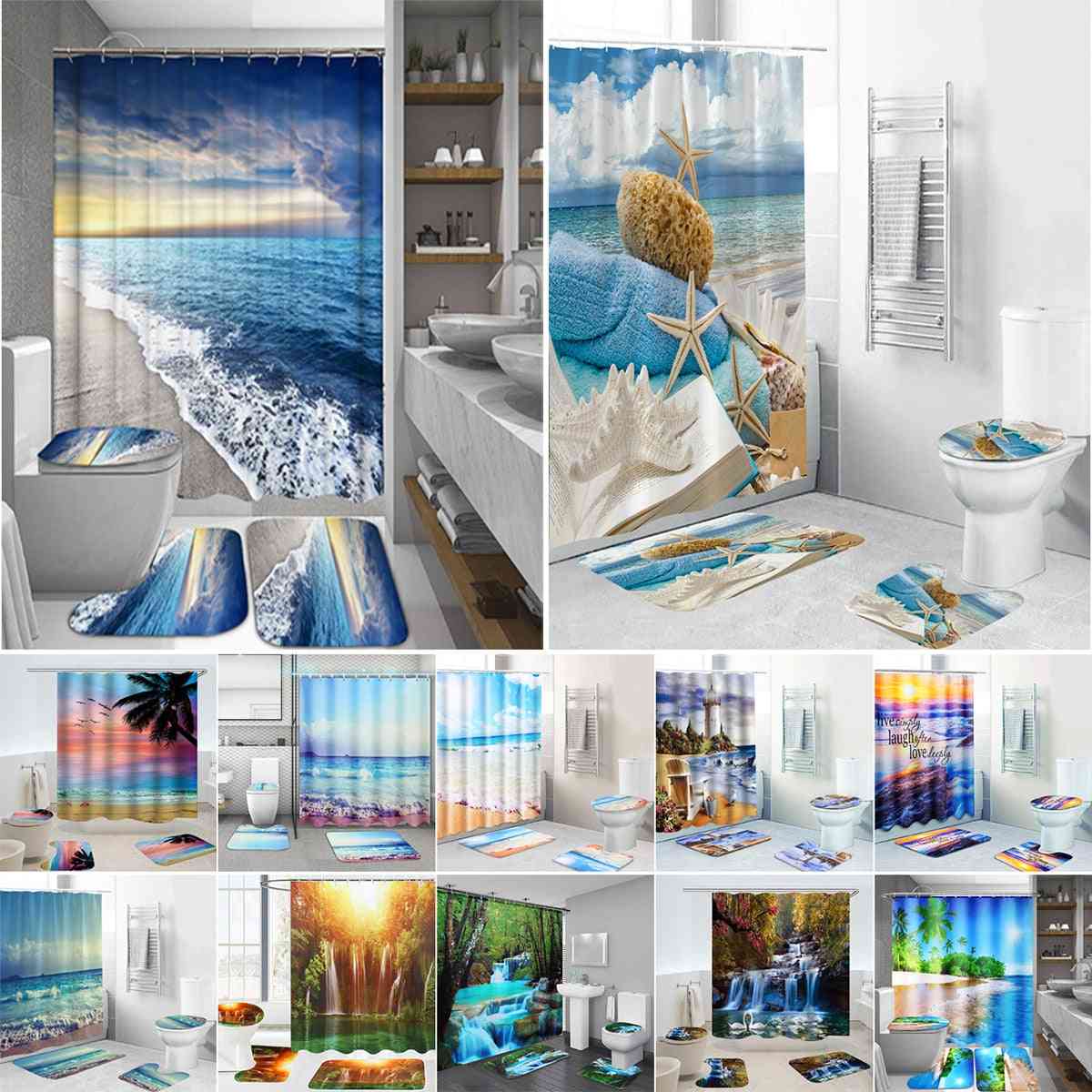 Products Coastal Beach-scenery Printed Pattern, Shower Curtain With Hooks, Toilet Seat Cover And Bath Mat Set