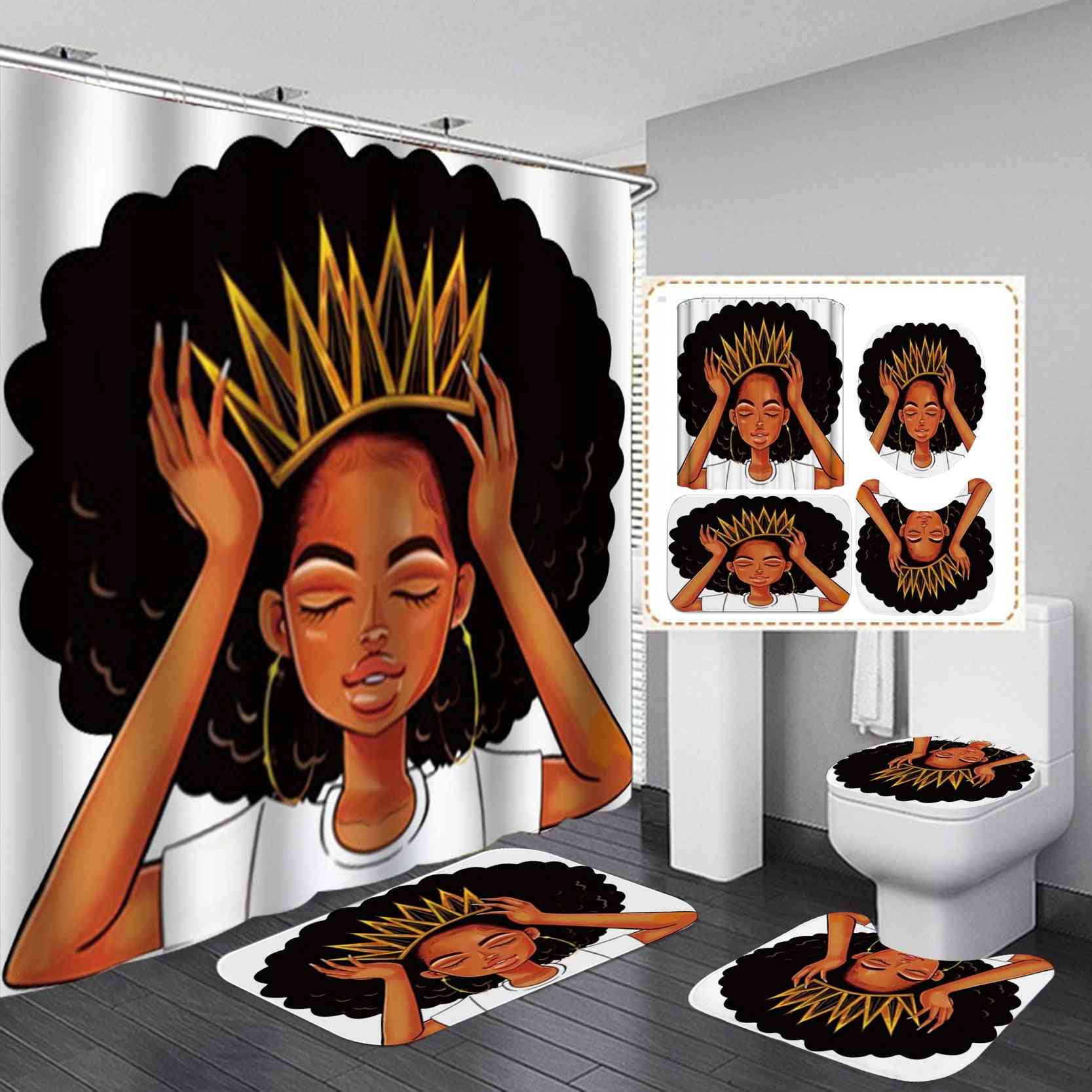 African American Women With Crown Shower Curtain Queen Princess Bath Curtains With Rugs Toilet Seat Cover Set