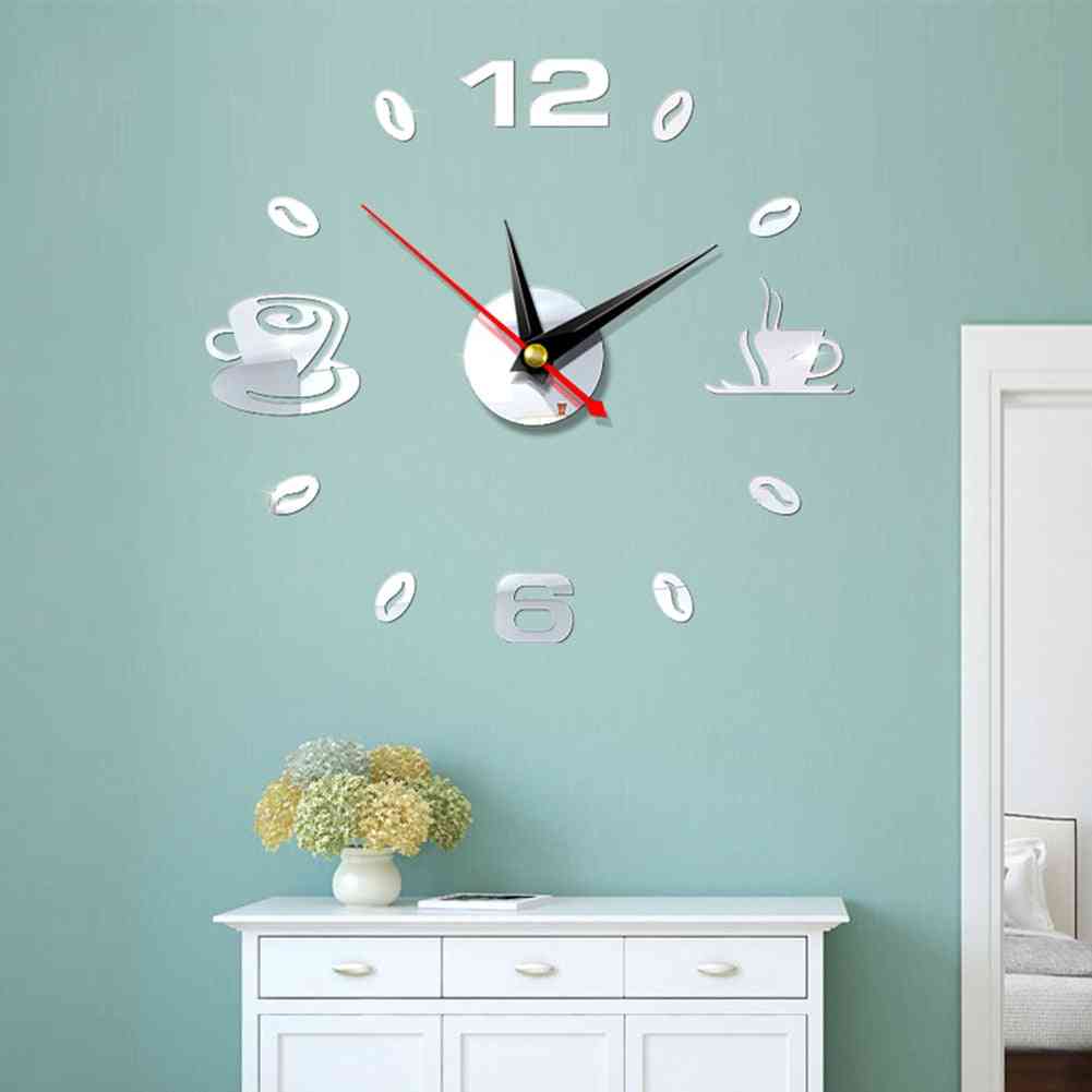 Self Adhesive Kitchen 3d Analog Home Waterproof Wall Clock Art - Diy Mute Modern Mirror Coffee Cups Decor Acrylic Wall Clock Sticker