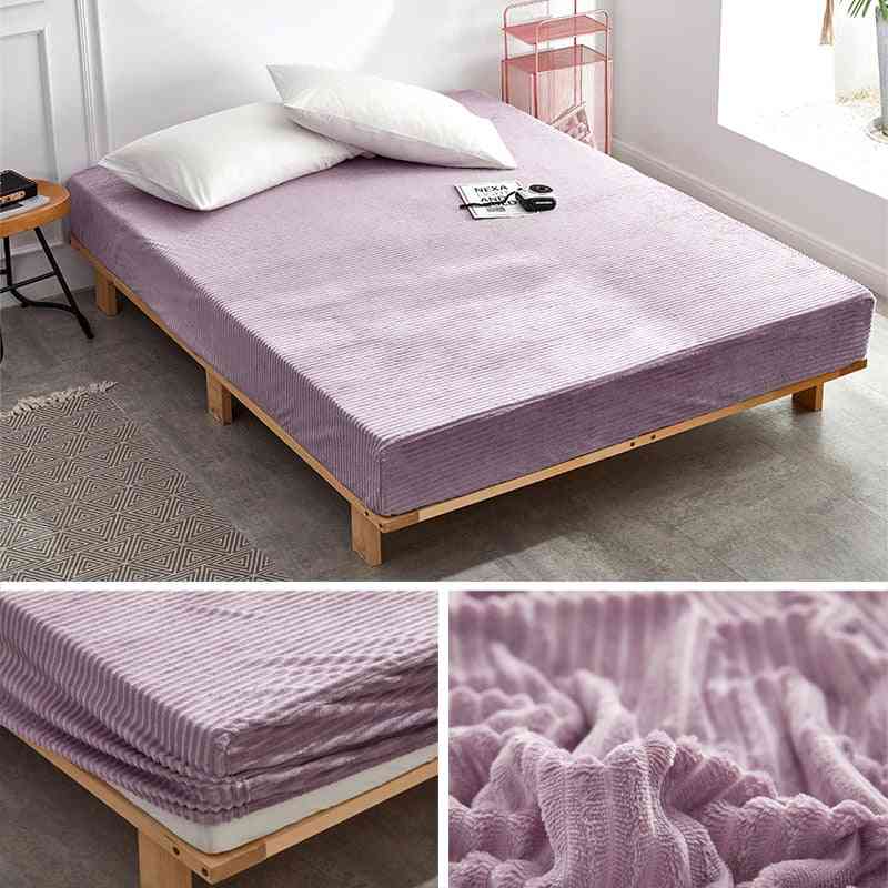 Velvet Fitted Bed Sheet Mattress Protective Cover, Soft Breathable Bedspread Bed Linen With Elastic Band
