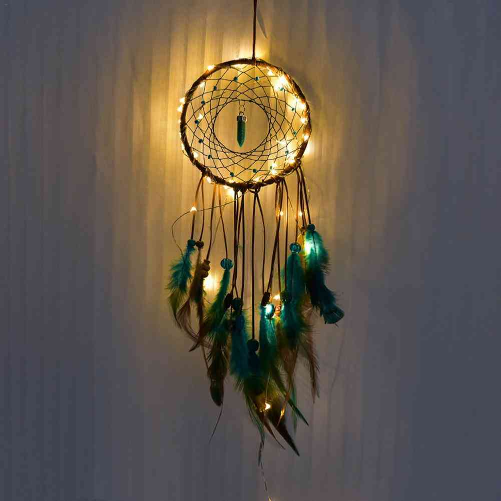Attrape-rêves de plumes faites à la main à LED - lumière de nuit dreamcatcher tenture murale décoration de la maison