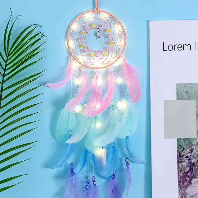 Led Handmade Feather Dreamcatcher - Braided Wind Chimes Art For Room Decoration Hanging