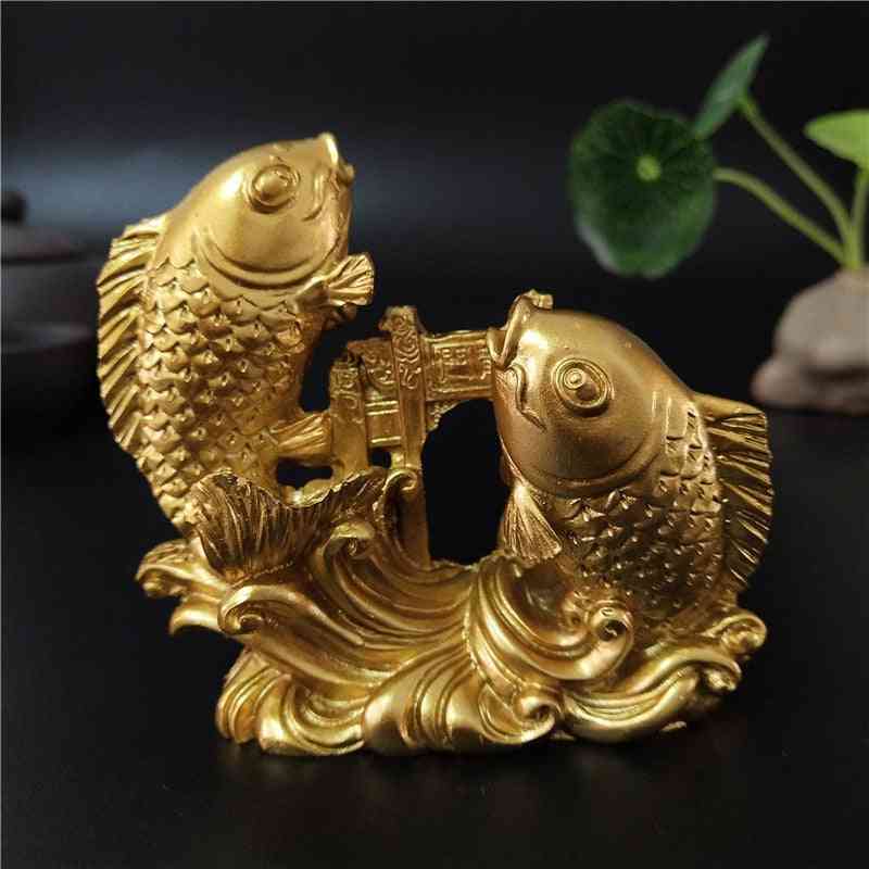 Gold Chinese Feng Shui Hand Carved Sculpture Fish Figurine