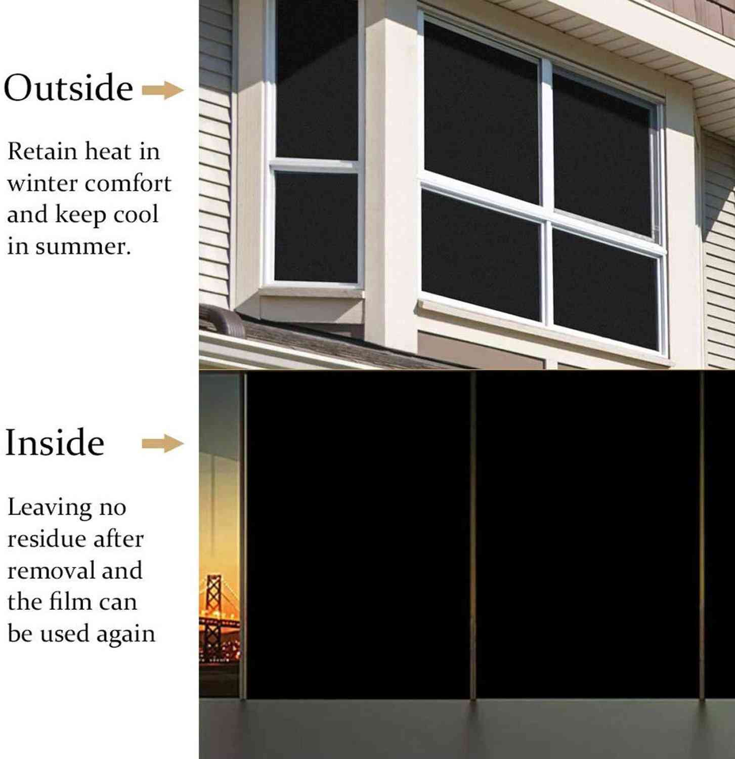 Removable 100% Light Blocking Static Total Blackout Window Film, Privacy Room Darkening Tint, Black Window Sticker