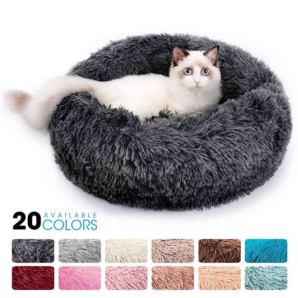 Round Plush Cat Bed House Cat Mat Winter Warm Sleeping Cats Nest, Soft Long Plush Dog Basket Pet Cushion Portable Pets